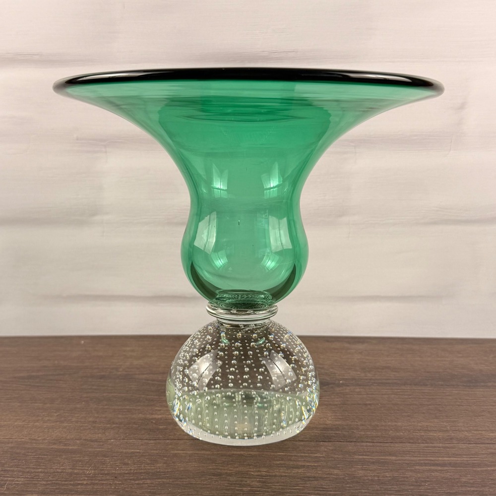 Carl Erickson Art Glass Green Compote Vase Controlled Bubble Base MCM